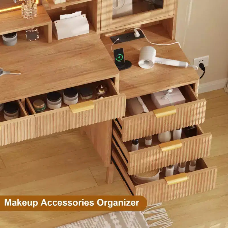 Coiffeuse moderne avec lumières, miroir HD éclairé de 61 cm, 5 tiroirs, prise de courant et ports USB, table de maquillage cannelée