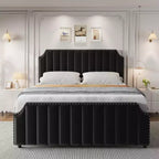 Bed Frame, Metal Platform Velvet Bed Frame with Nailhead Trim, 50.2 in Tall Headboard, Footboard, Sturdy Wooden Slats Support, Noise Free, Black