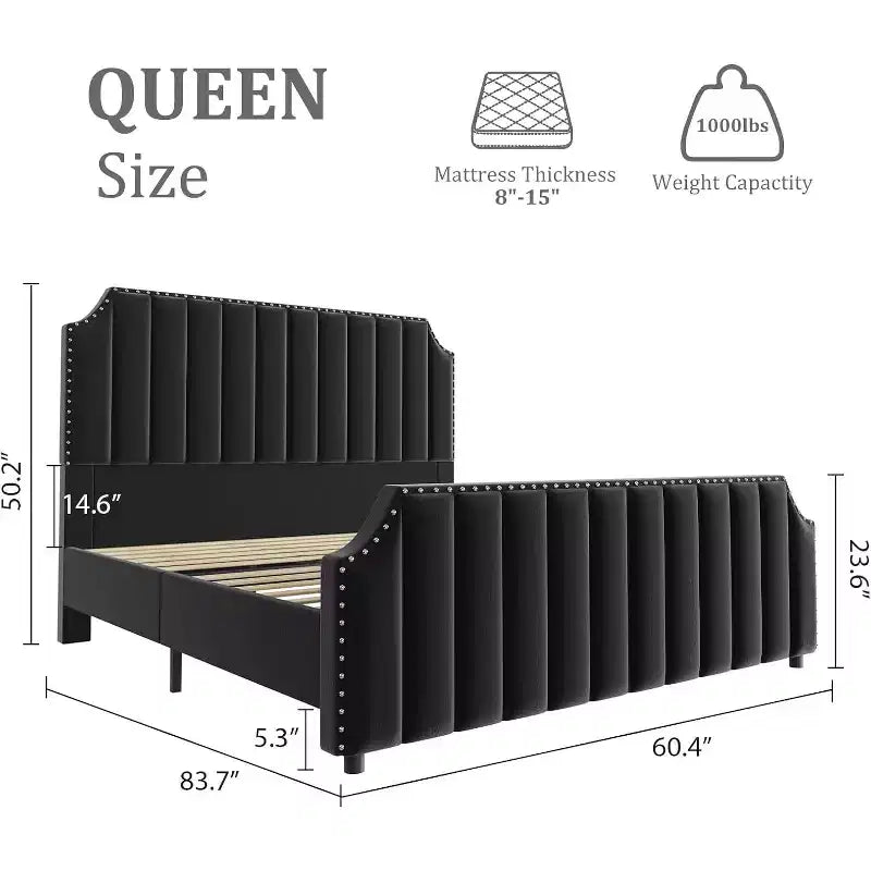 Cadre de lit, Cadre de lit plateforme en métal velours avec garniture cloutée, Tête de lit de 127,5 cm de hauteur, Pied de lit, Support à lattes en bois robuste, Silencieux, Noir