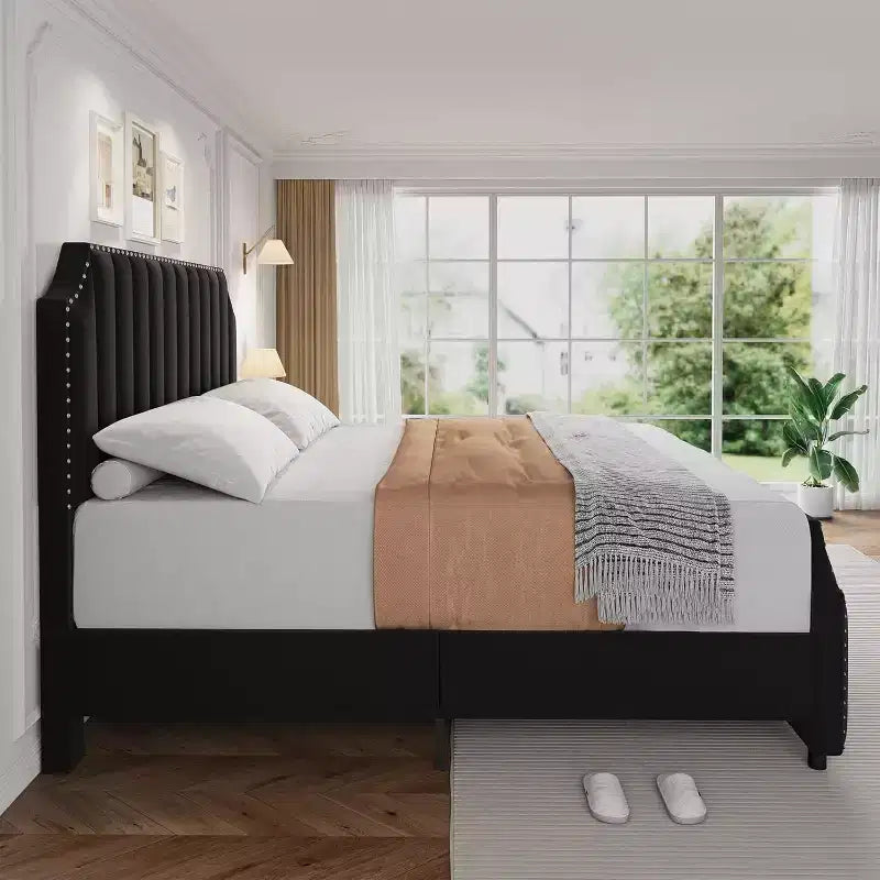 Cadre de lit, Cadre de lit plateforme en métal velours avec garniture cloutée, Tête de lit de 127,5 cm de hauteur, Pied de lit, Support à lattes en bois robuste, Silencieux, Noir