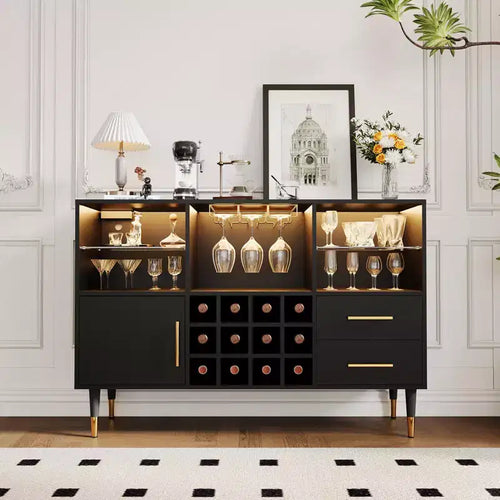 47 Farmhouse Coffee Bar Cabinet, Freestanding Wine Bar Cabinet with Wine Rack, Wooden Sideboard Buffet Cabinet, Modern Liquor Cabinet