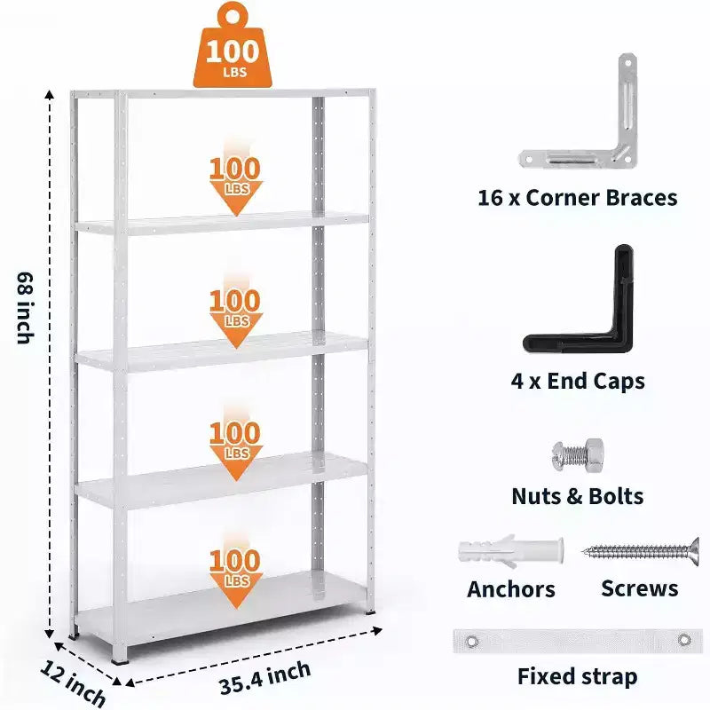 Étagère métallique à 5 niveaux pour charges lourdes, capacité de 227 kg, étagères de rangement de garage à hauteur réglable, étagères en métal, étagères industrielles