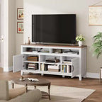 Meuble TV moderne pour téléviseur de 65 pouces, meuble à double porte semi-ouvert avec étagères réglables, meuble TV marron avec 8 compartiments de rangement