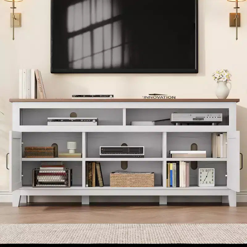 Meuble TV moderne pour téléviseur de 65 pouces, meuble à double porte semi-ouvert avec étagères réglables, meuble TV marron avec 8 compartiments de rangement