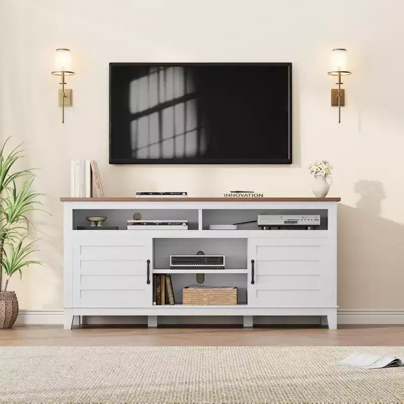 Meuble TV moderne pour téléviseur de 65 pouces, meuble à double porte semi-ouvert avec étagères réglables, meuble TV marron avec 8 compartiments de rangement