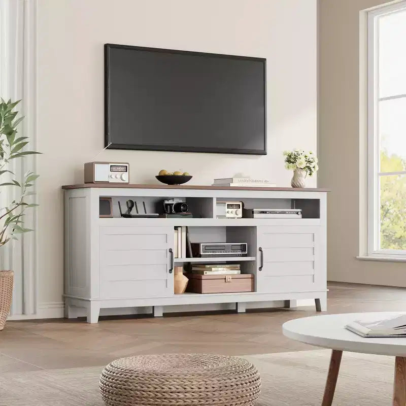 Meuble TV moderne pour téléviseur de 65 pouces, meuble à double porte semi-ouvert avec étagères réglables, meuble TV marron avec 8 compartiments de rangement