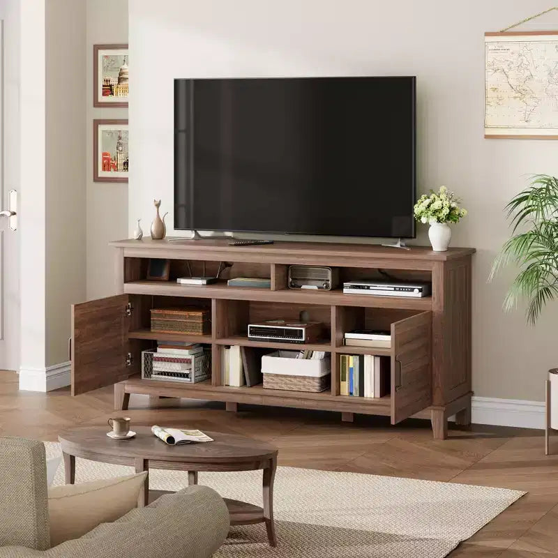 Meuble TV moderne pour téléviseur de 65 pouces, meuble à double porte semi-ouvert avec étagères réglables, meuble TV marron avec 8 compartiments de rangement