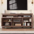 Meuble TV moderne pour téléviseur de 65 pouces, meuble à double porte semi-ouvert avec étagères réglables, meuble TV marron avec 8 compartiments de rangement