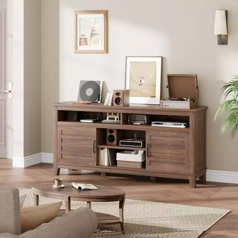 Meuble TV moderne pour téléviseur de 65 pouces, meuble à double porte semi-ouvert avec étagères réglables, meuble TV marron avec 8 compartiments de rangement