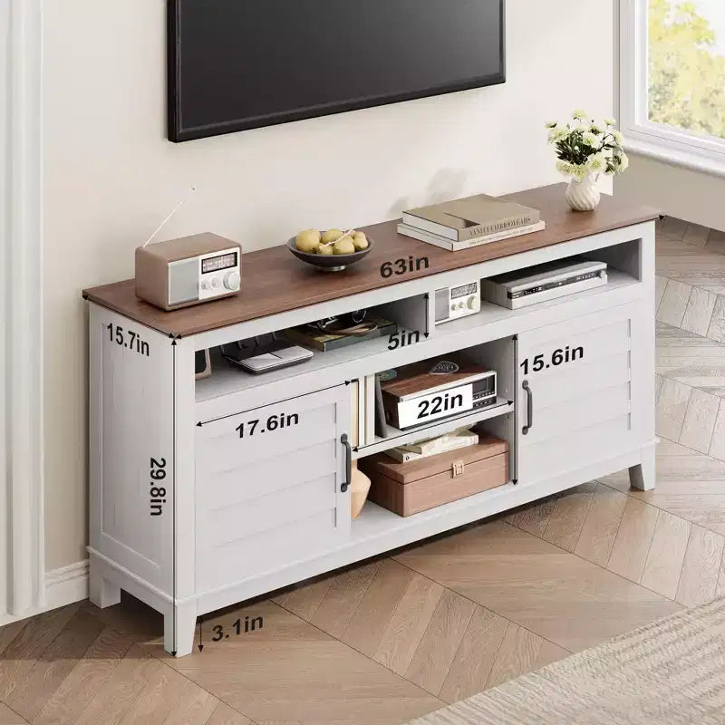 Meuble TV moderne pour téléviseur de 65 pouces, meuble à double porte semi-ouvert avec étagères réglables, meuble TV marron avec 8 compartiments de rangement