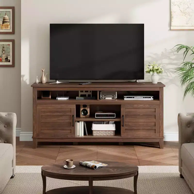 Meuble TV moderne pour téléviseur de 65 pouces, meuble à double porte semi-ouvert avec étagères réglables, meuble TV marron avec 8 compartiments de rangement