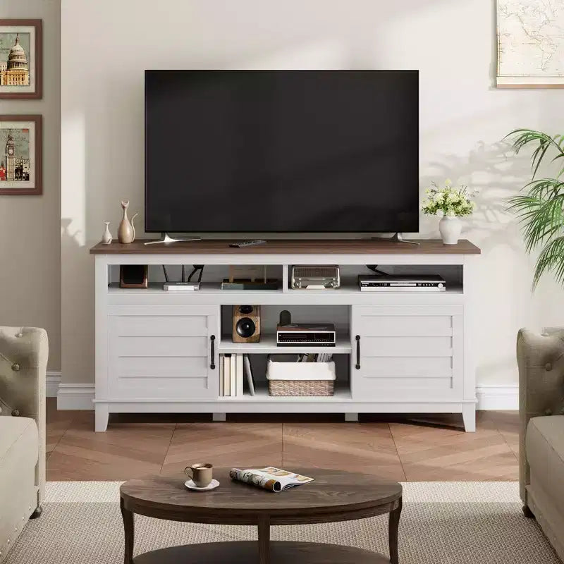 Modern TV Stand for 65 in TV, Semi-Open Double Door Cabinet with Adjustable Shelves  Brown Entertainment Center with 8 Storage Compartments