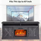 Meuble TV de ferme de 65 pouces avec fenêtre de vue, centre de divertissement finition grise avec étagères de rangement ouvertes, console multimédia multifonctionnelle