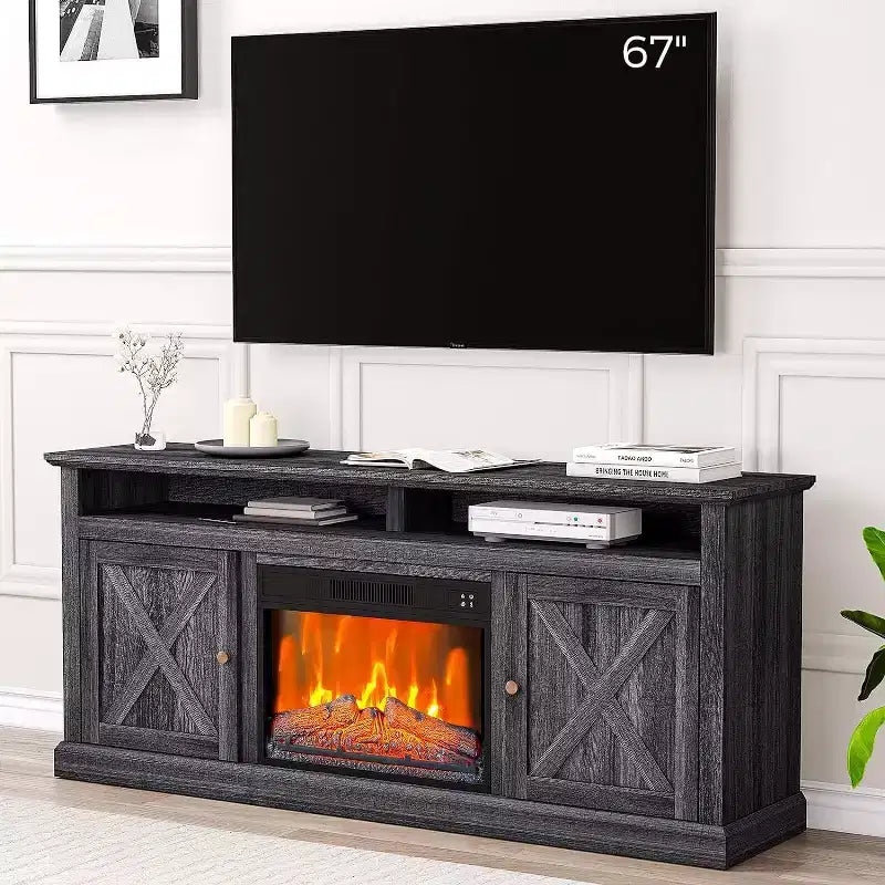 Meuble TV de ferme de 65 pouces avec fenêtre de vue, centre de divertissement finition grise avec étagères de rangement ouvertes, console multimédia multifonctionnelle