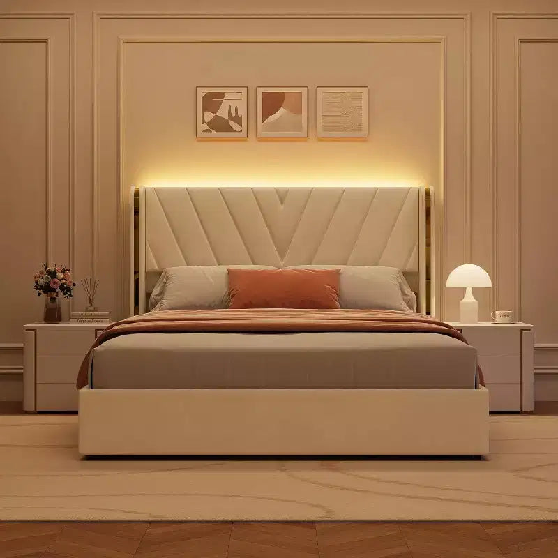 Cadre de lit rembourré, lit queen-size avec 4 tiroirs de rangement, plateforme en velours avec tête de lit à oreilles, sommier tapissier non requis, silencieux, montage facile