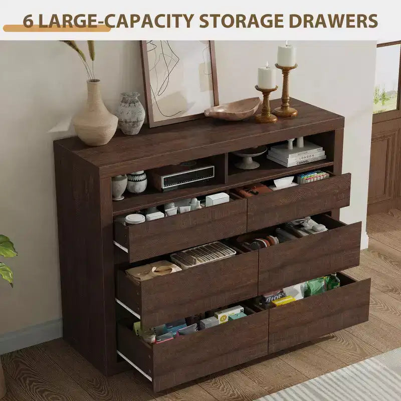 Commode 6 tiroirs pour chambre à coucher, commode moderne de style milieu de siècle avec 2 étagères ouvertes, commode double en bois de 119 cm de large, meuble TV pour placard, salon