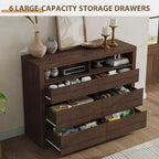 Commode 6 tiroirs pour chambre à coucher, commode moderne de style milieu de siècle avec 2 étagères ouvertes, commode double en bois de 119 cm de large, meuble TV pour placard, salon