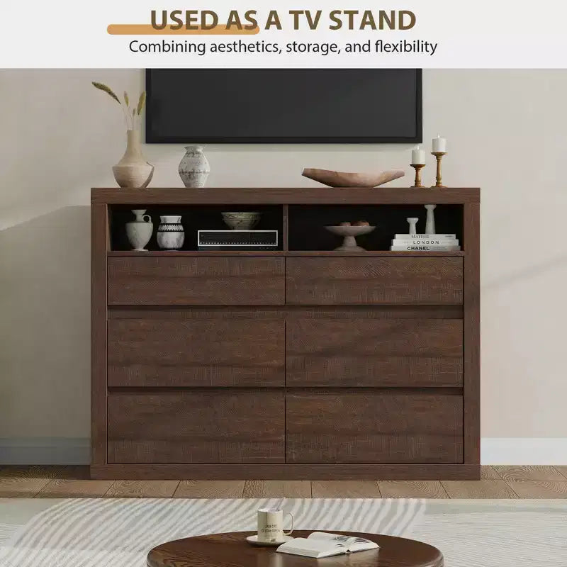 Commode 6 tiroirs pour chambre à coucher, commode moderne de style milieu de siècle avec 2 étagères ouvertes, commode double en bois de 119 cm de large, meuble TV pour placard, salon