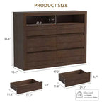Commode 6 tiroirs pour chambre à coucher, commode moderne de style milieu de siècle avec 2 étagères ouvertes, commode double en bois de 119 cm de large, meuble TV pour placard, salon