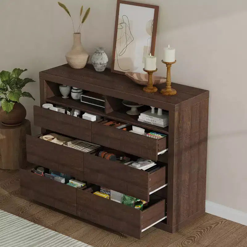 Commode 6 tiroirs pour chambre à coucher, commode moderne de style milieu de siècle avec 2 étagères ouvertes, commode double en bois de 119 cm de large, meuble TV pour placard, salon