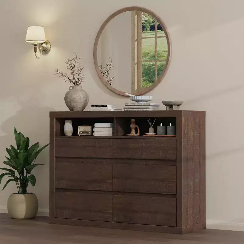 Commode 6 tiroirs pour chambre à coucher, commode moderne de style milieu de siècle avec 2 étagères ouvertes, commode double en bois de 119 cm de large, meuble TV pour placard, salon