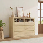 Commode 6 tiroirs pour chambre à coucher, commode moderne de style milieu de siècle avec 2 étagères ouvertes, commode double en bois de 119 cm de large, meuble TV pour placard, salon