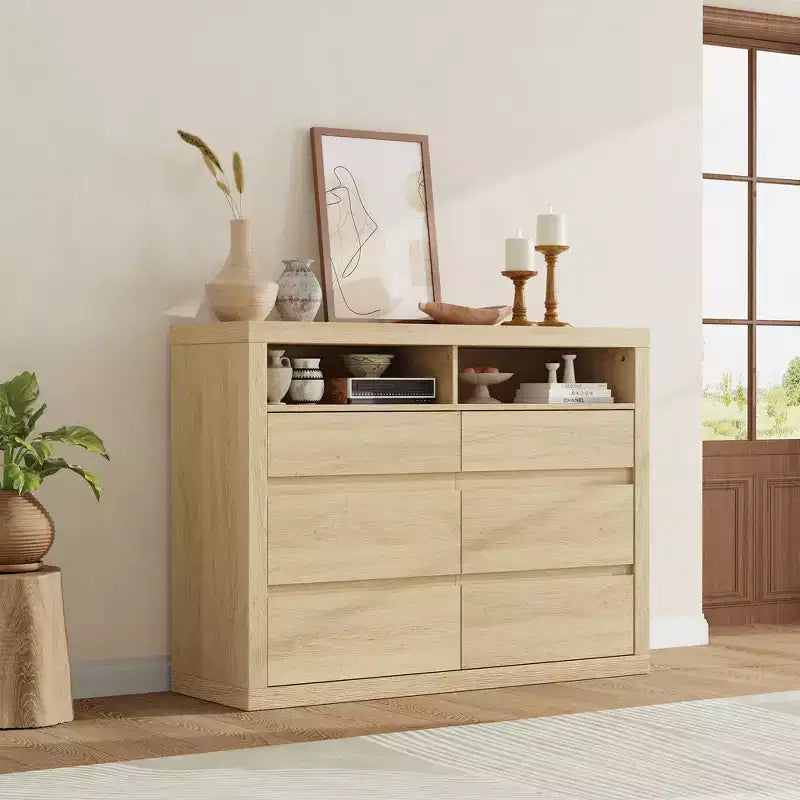 Commode 6 tiroirs pour chambre à coucher, commode moderne de style milieu de siècle avec 2 étagères ouvertes, commode double en bois de 119 cm de large, meuble TV pour placard, salon