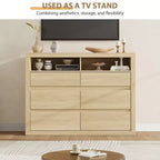 Commode 6 tiroirs pour chambre à coucher, commode moderne de style milieu de siècle avec 2 étagères ouvertes, commode double en bois de 119 cm de large, meuble TV pour placard, salon