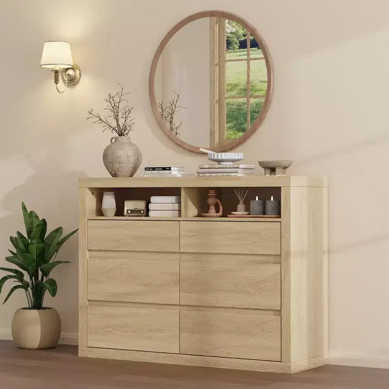 Commode 6 tiroirs pour chambre à coucher, commode moderne de style milieu de siècle avec 2 étagères ouvertes, commode double en bois de 119 cm de large, meuble TV pour placard, salon