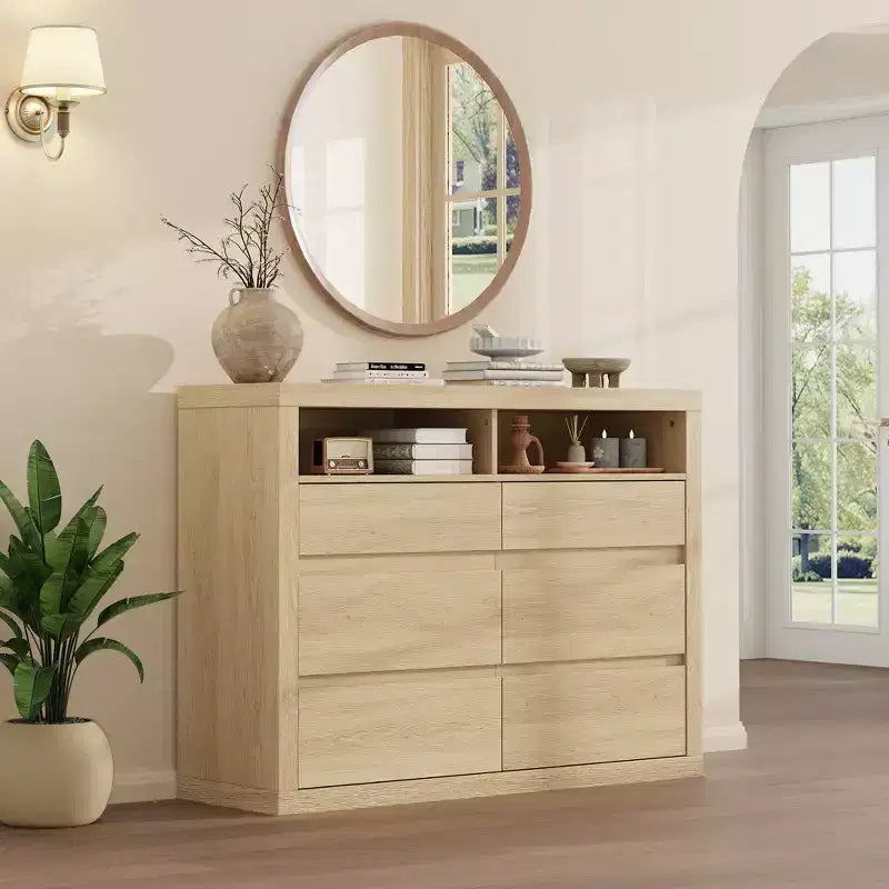 Commode 6 tiroirs pour chambre à coucher, commode moderne de style milieu de siècle avec 2 étagères ouvertes, commode double en bois de 119 cm de large, meuble TV pour placard, salon