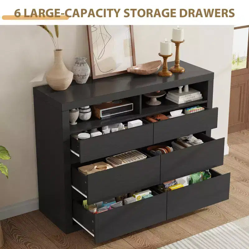 Commode 6 tiroirs pour chambre à coucher, commode moderne de style milieu de siècle avec 2 étagères ouvertes, commode double en bois de 119 cm de large, meuble TV pour placard, salon