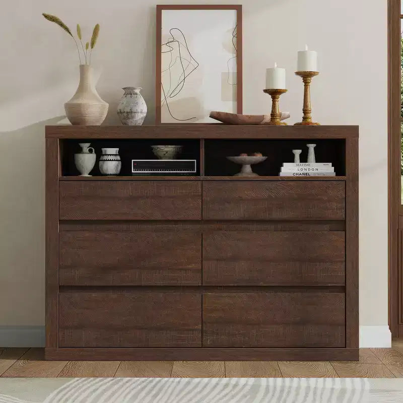 Commode 6 tiroirs pour chambre à coucher, commode moderne de style milieu de siècle avec 2 étagères ouvertes, commode double en bois de 119 cm de large, meuble TV pour placard, salon
