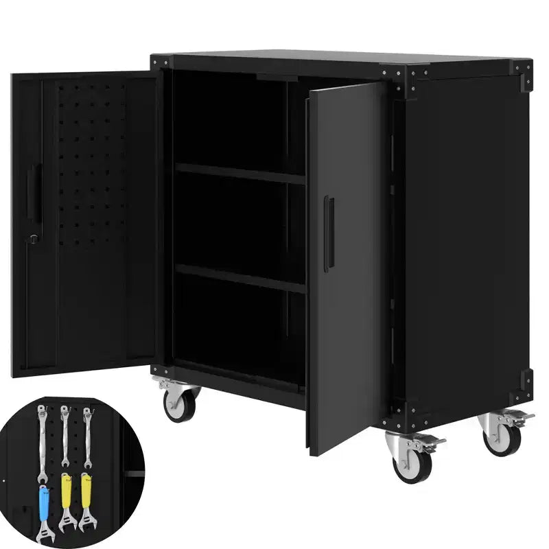 Garvee Tool Cabinet, 35.4 inch Metal Storage Cabinet with Wheels and Lock for Garage, Black