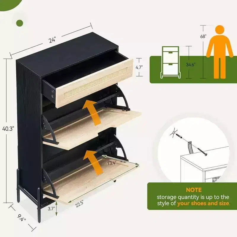 Meuble à chaussures en rotin de style rustique - Étagère à chaussures étroite à 3 niveaux avec 3 tiroirs et étagères réglables