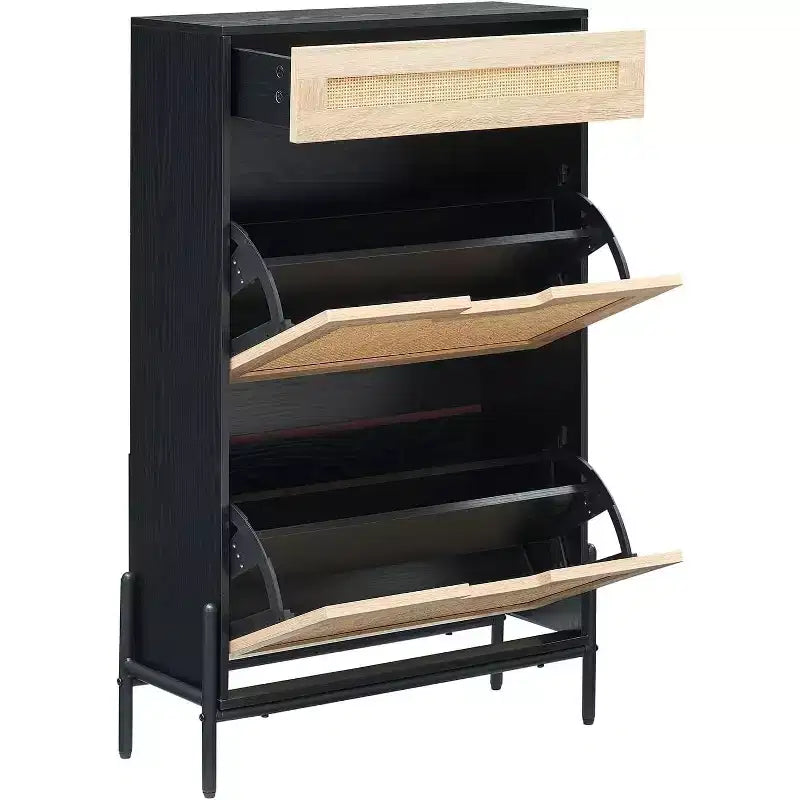 Meuble à chaussures en rotin de style rustique - Étagère à chaussures étroite à 3 niveaux avec 3 tiroirs et étagères réglables