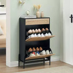 Meuble à chaussures en rotin de style rustique - Étagère à chaussures étroite à 3 niveaux avec 3 tiroirs et étagères réglables