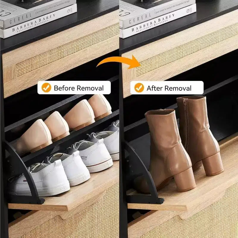 Meuble à chaussures en rotin de style rustique - Étagère à chaussures étroite à 3 niveaux avec 3 tiroirs et étagères réglables