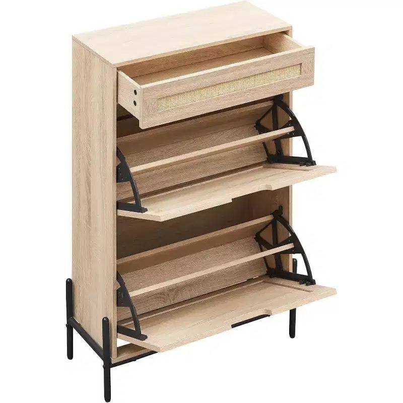 Meuble à chaussures en rotin de style rustique - Étagère à chaussures étroite à 3 niveaux avec 3 tiroirs et étagères réglables