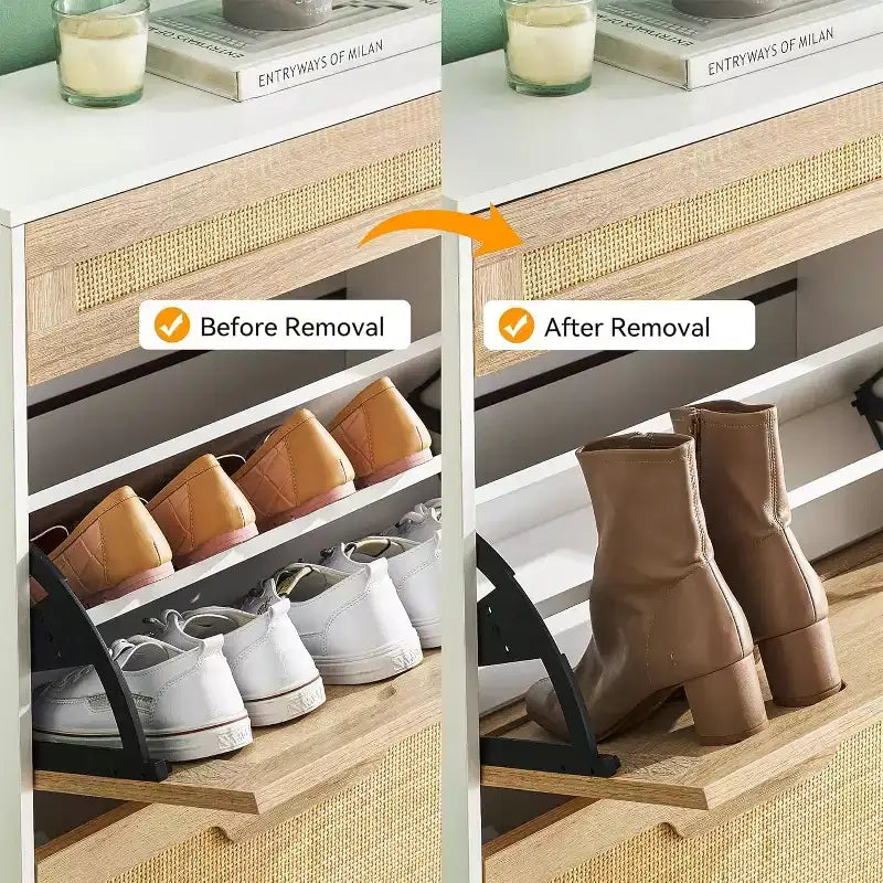 Meuble à chaussures en rotin de style rustique - Étagère à chaussures étroite à 3 niveaux avec 3 tiroirs et étagères réglables