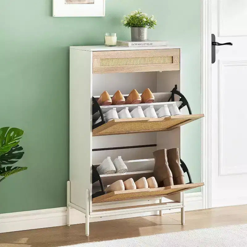 Meuble à chaussures en rotin de style rustique - Étagère à chaussures étroite à 3 niveaux avec 3 tiroirs et étagères réglables