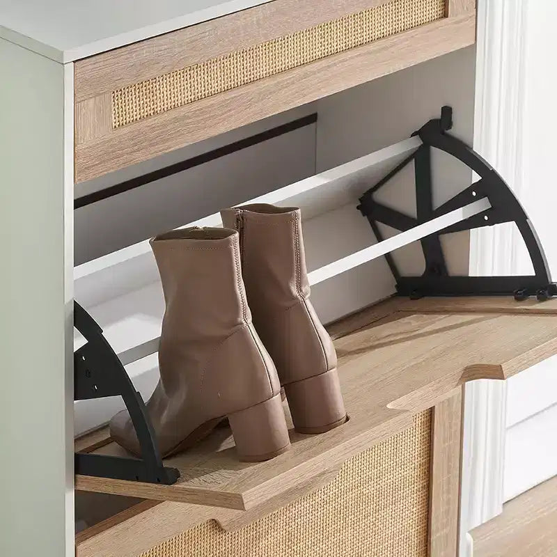 Meuble à chaussures en rotin de style rustique - Étagère à chaussures étroite à 3 niveaux avec 3 tiroirs et étagères réglables