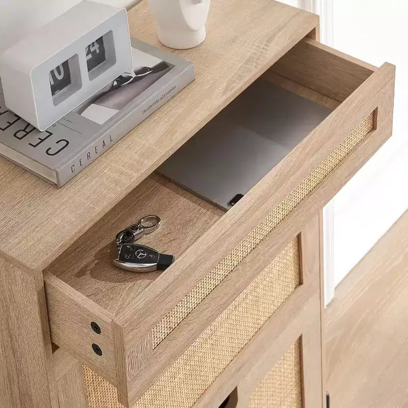 Meuble à chaussures en rotin de style rustique - Étagère à chaussures étroite à 3 niveaux avec 3 tiroirs et étagères réglables