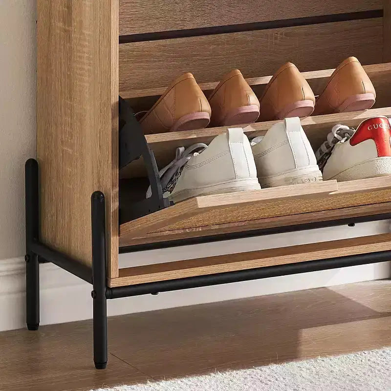 Meuble à chaussures en rotin de style rustique - Étagère à chaussures étroite à 3 niveaux avec 3 tiroirs et étagères réglables