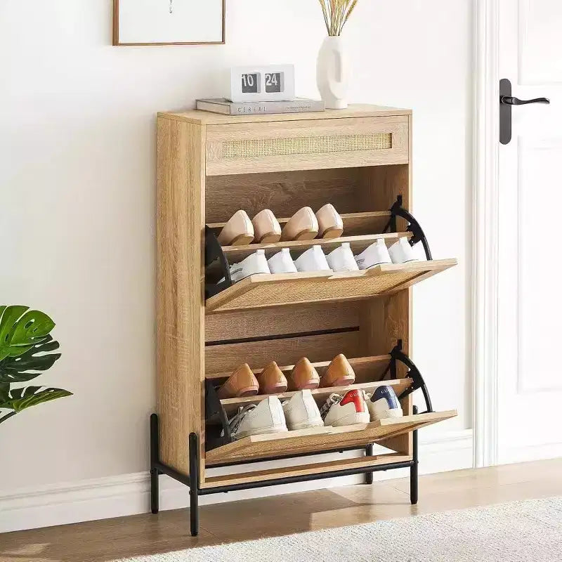 Meuble à chaussures en rotin de style rustique - Étagère à chaussures étroite à 3 niveaux avec 3 tiroirs et étagères réglables