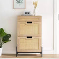 Farmhouse Rattan Shoe Cabinet - 3-Tier Slim Wooden Shoe Rack with 3 Drawers & Adjustable Shelves