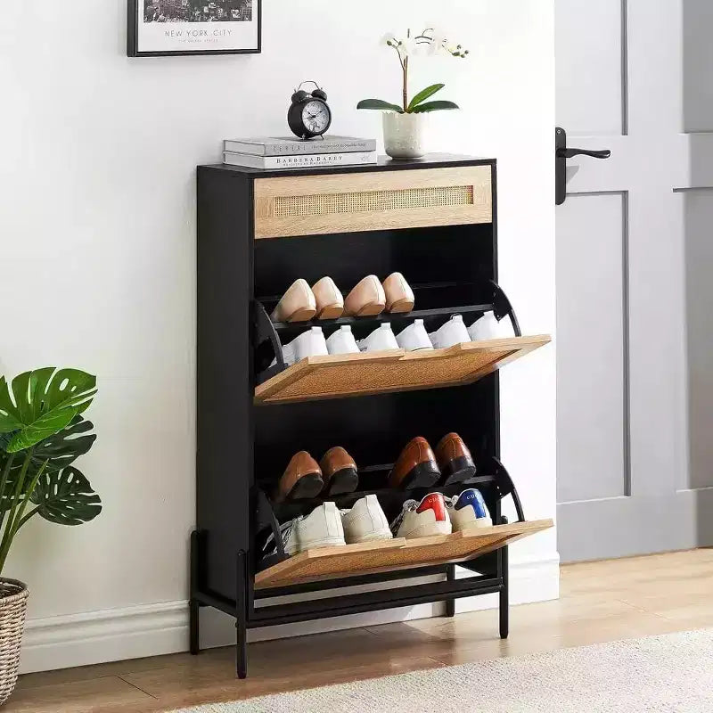 Meuble à chaussures en rotin de style rustique - Étagère à chaussures étroite à 3 niveaux avec 3 tiroirs et étagères réglables