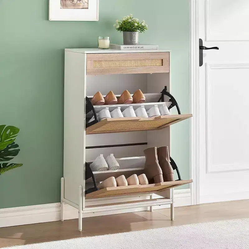 Meuble à chaussures en rotin de style rustique - Étagère à chaussures étroite à 3 niveaux avec 3 tiroirs et étagères réglables