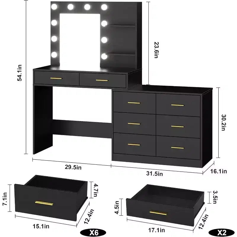 Coiffeuse de maquillage 61 po avec miroir et lumières, 8 grands tiroirs et 2 étagères, 3 modes d'éclairage, luminosité réglable