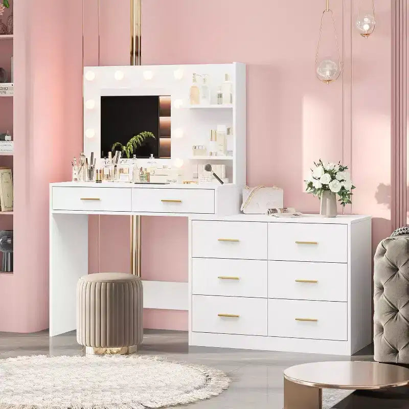 Coiffeuse de maquillage 61 po avec miroir et lumières, 8 grands tiroirs et 2 étagères, 3 modes d'éclairage, luminosité réglable