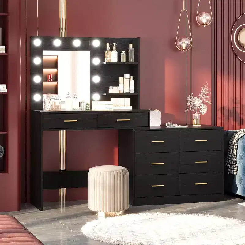 Coiffeuse de maquillage 61 po avec miroir et lumières, 8 grands tiroirs et 2 étagères, 3 modes d'éclairage, luminosité réglable